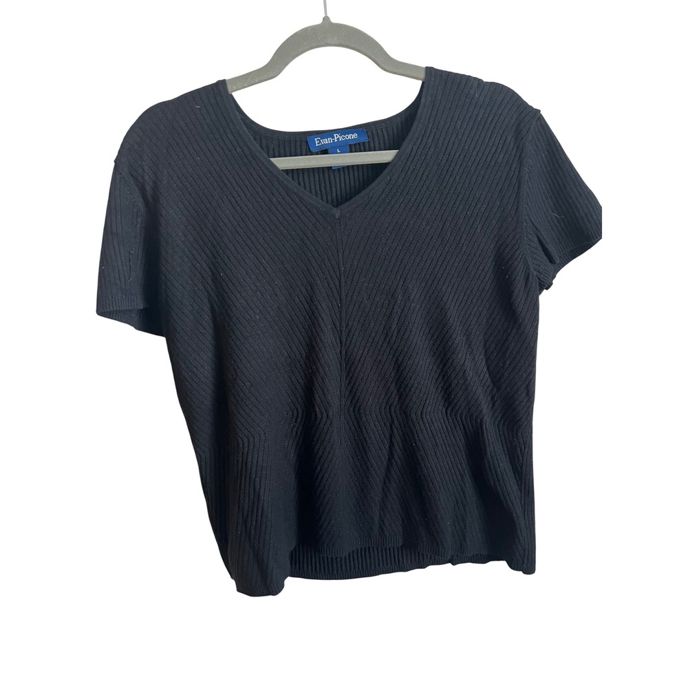 Evan-Picone Black V-Neck Ribbed Short Sleeve Sweater Top Size L
